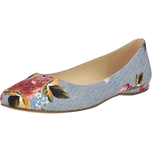 Nine West Women's Blue Rose Denim Leather Closed Pointed Toe Ballet Flats Shoes - Picture 1 of 6